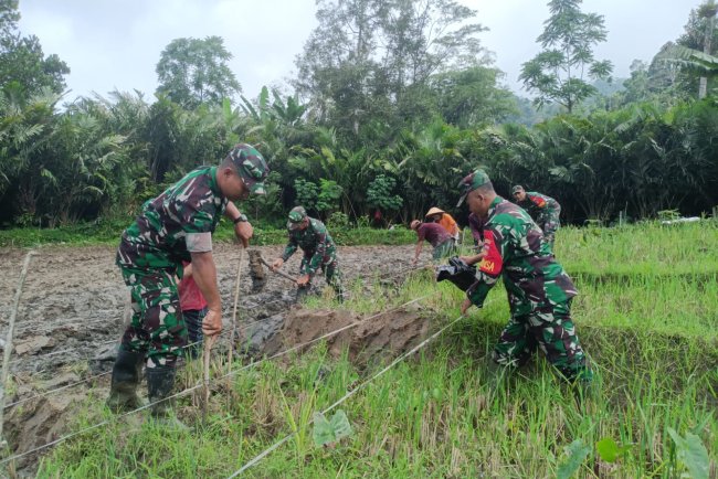 Danramil bersama anggota bantu Petani Penyiapan dan pengolahan Lahan